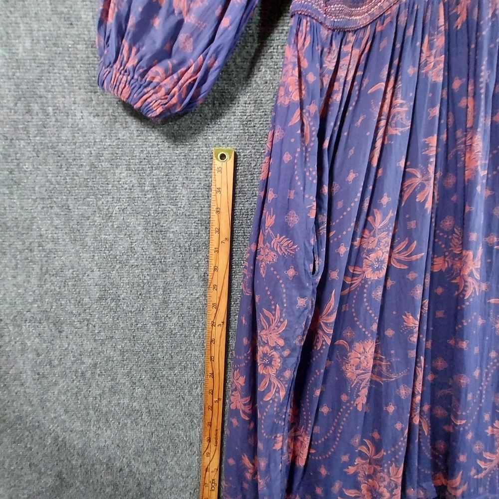 Free People Dress Womens Large Blue Floral Maxi Long Sleeve Boho Peasant Pockets - Picture 8 of 14